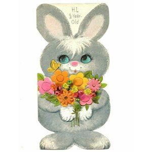 1st Happy Birthday VTG Girls Boys Greeting Card Sweet Bunny W/Flowers Unused